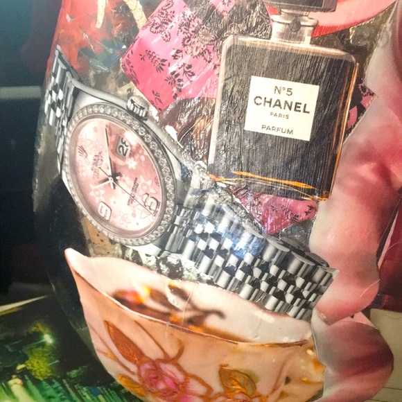 HAND CRAFTED Chanel Vase Decoupage Colorful Vintage Decor Floral Art - Picture 4 of 10